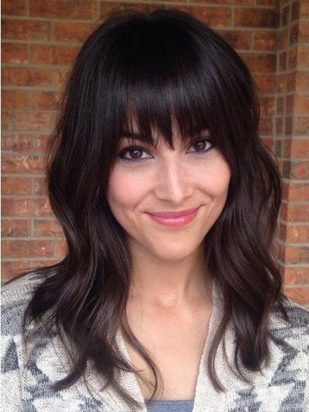 Capless Layered Long Human Hair Celebrity Wigs With Bangs