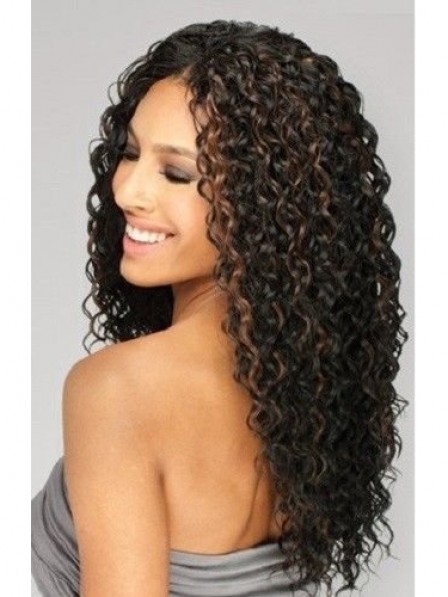 Curly hairstyle women's long brown synthetic wigs capless middle part