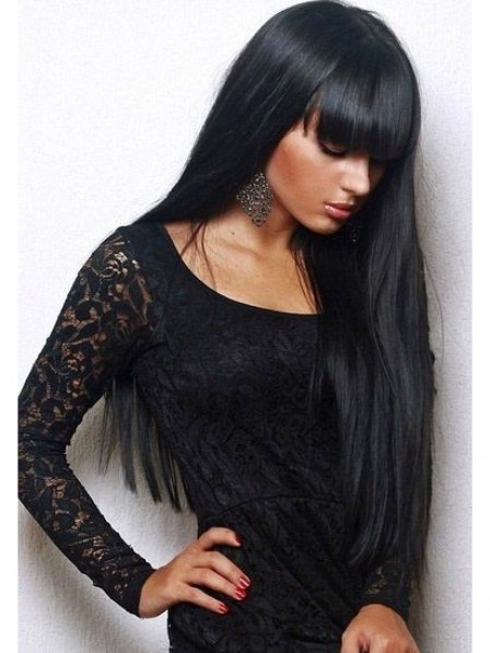 Cute straight sliky black natural lace front human hair wigs with full bangs