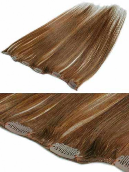 12" Straight Auburn 100% Human Hair Clip In Hair Extensions