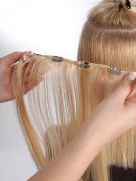 18" Straight Blonde 100% Human Hair Clip In Hair Extensions