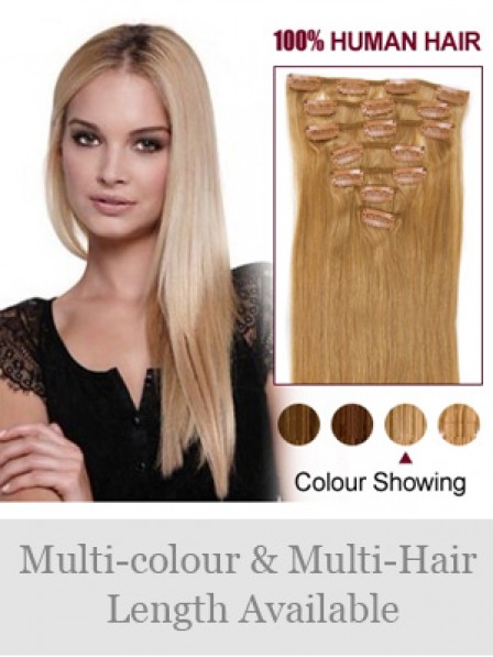 14" Straight Blonde 100% Human Hair Clip In Hair Extensions