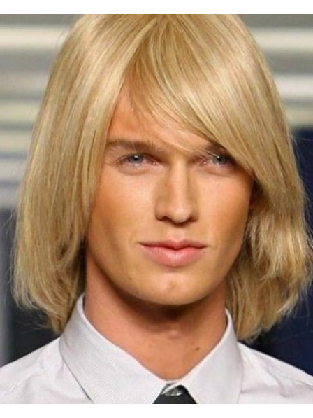 Shoulder Length Mens Synthetic Capless Wig With Side Bangs