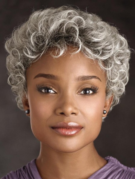 Women grey curly short hair cap wigs