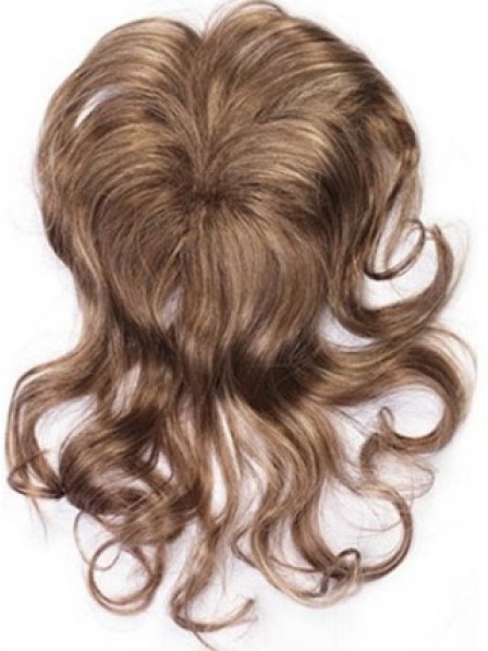14" Wavy Brown Human Hair Capless Hair Pieces
