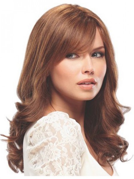 Human Hair Long Wavy Red Women Monofilament Wig With Side Bangs