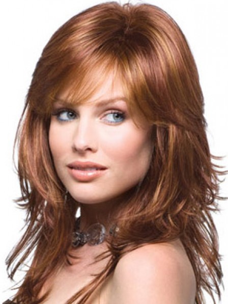 Auburn Long Wavy Human Hair Lace Front Monofilament Wig With Bangs 