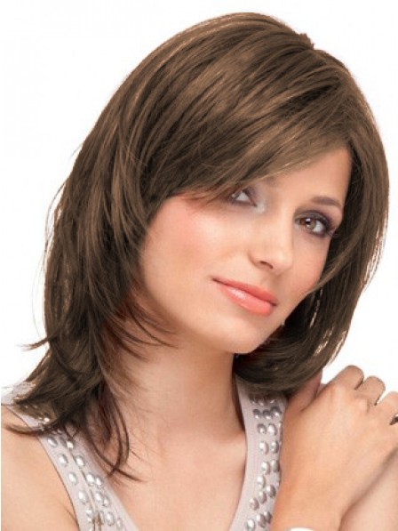 Lace Front Straight Human Hair Layered Wig With Side Bangs