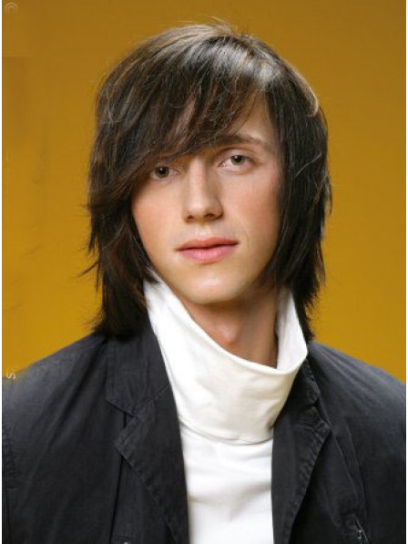 Shoulder Length Straight Mens Hair Wig With Bangs