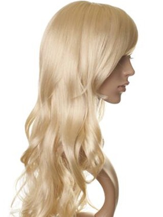 Long Blonde Wavy Synthetic Hair Wigs With Side Bangs, Best Wigs Online